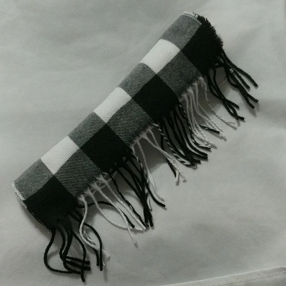 Black, White, Grey Check Plaid Woven Soft Scarf with Fringe